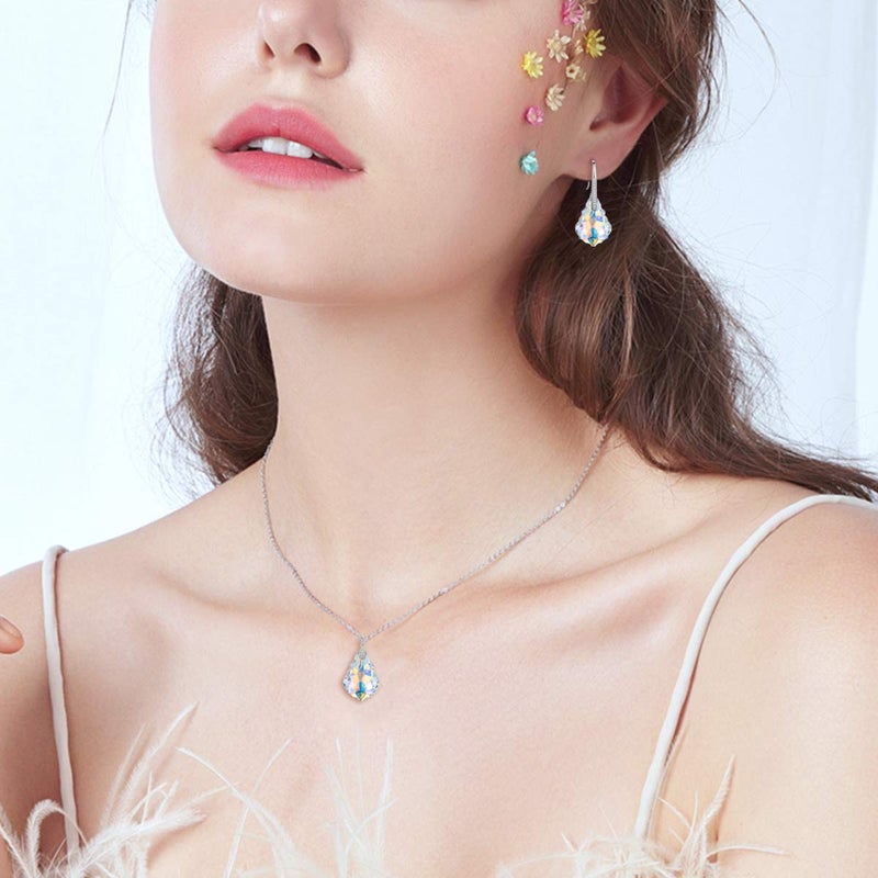 EleQueen 925 Sterling Silver CZ Baroque Drop Pendant Necklace Dangle Earrings Set Iridescent Aurora Borealis Made with Austrian Crystal - Image 4